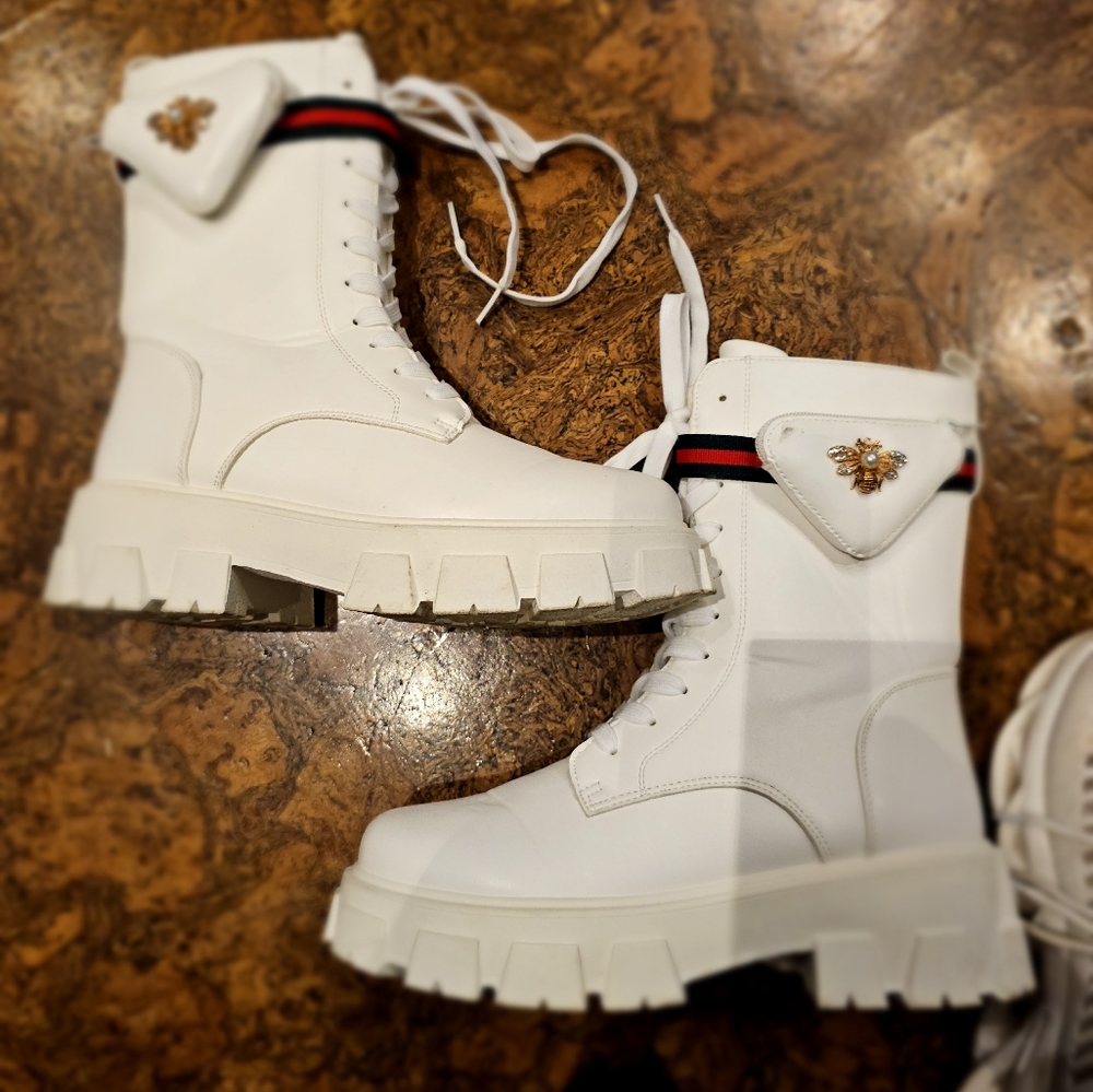 White Military Style Boots with green and red ribbon attached pouches